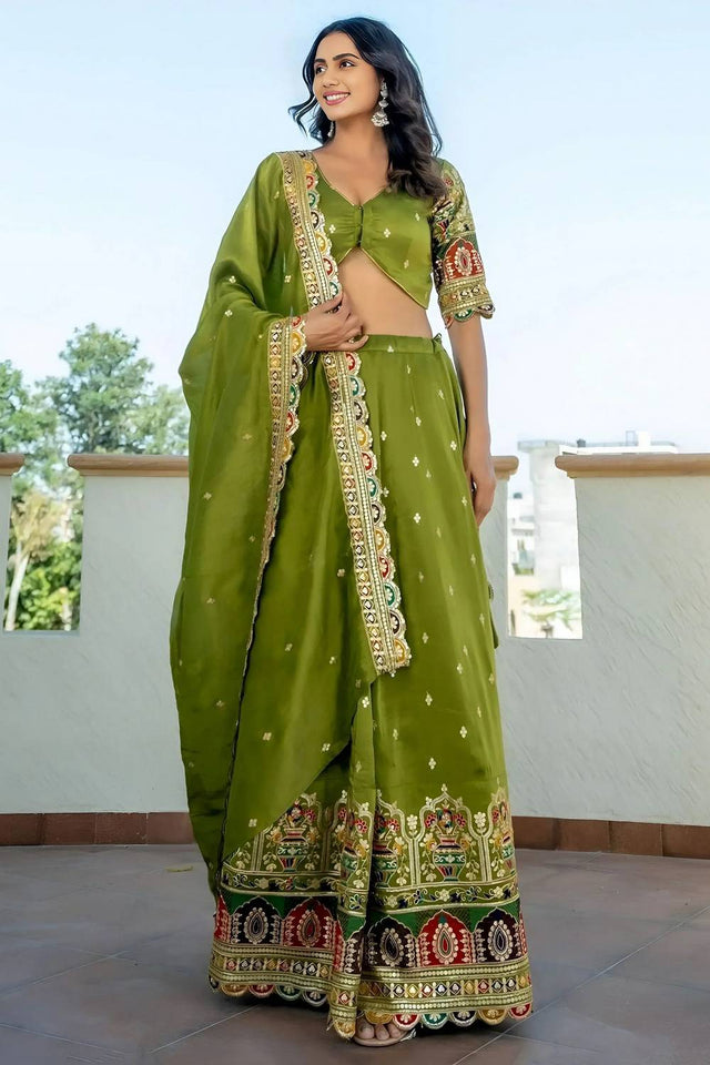 Green Sequin Silk Lehenga