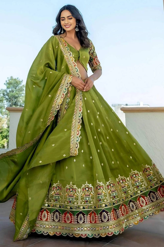 Green Sequin Silk Lehenga
