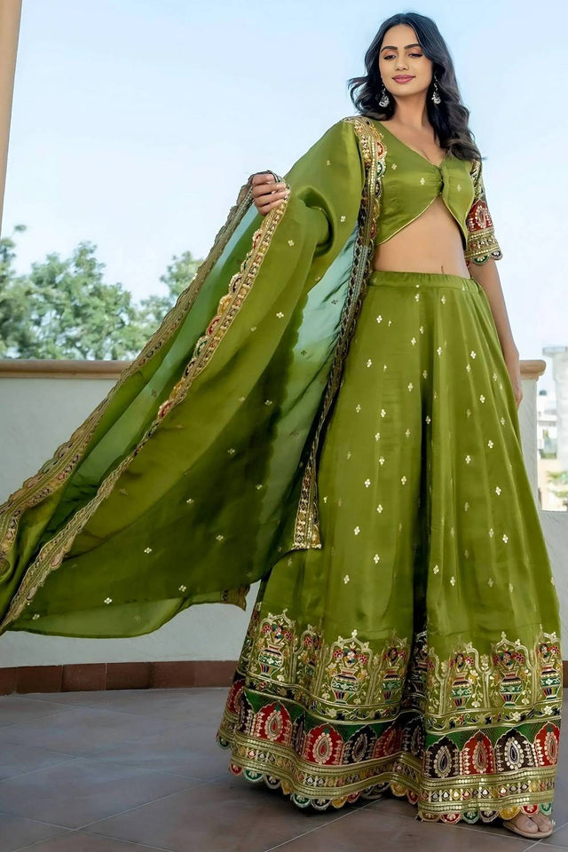 Green Sequin Silk Lehenga