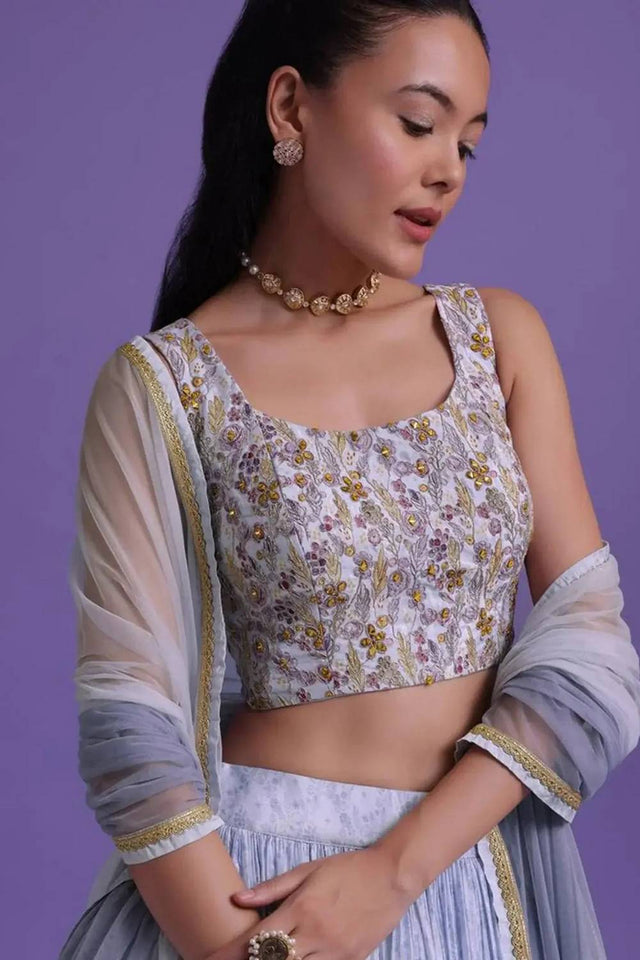 Blue Floral Printed Georgette Lehenga