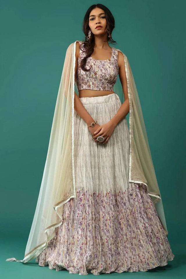 Off White Floral Printed Georgette Lehenga