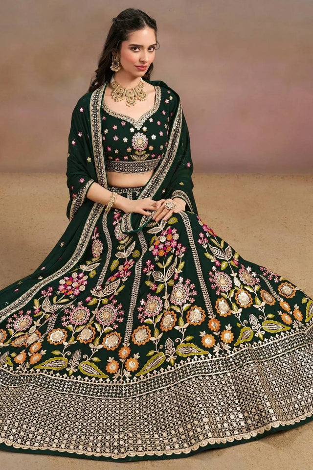 Green Floral Embroidered Georgette Lehenga