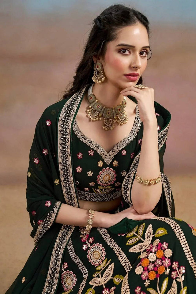 Green Floral Embroidered Georgette Lehenga