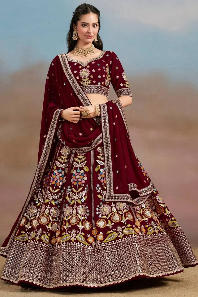 Maroon Floral Embroidered Georgette Lehenga