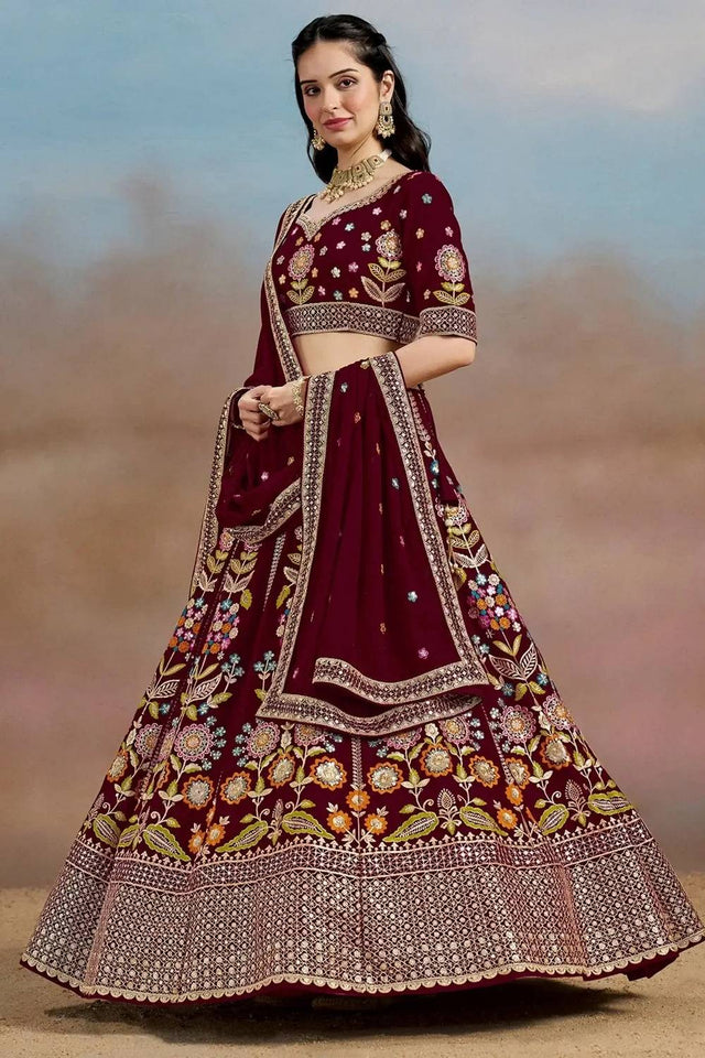 Maroon Floral Embroidered Georgette Lehenga