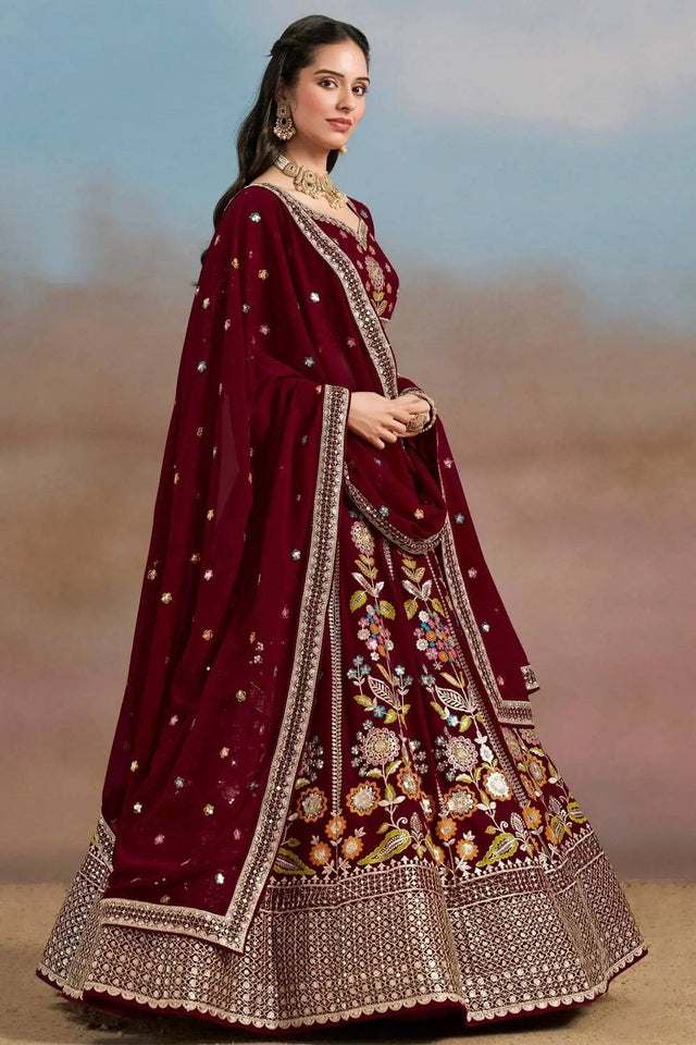Maroon Floral Embroidered Georgette Lehenga