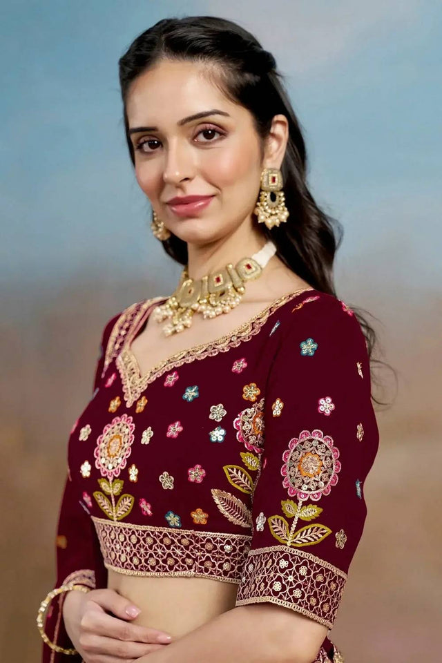 Maroon Floral Embroidered Georgette Lehenga