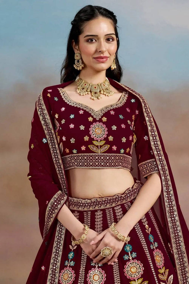 Maroon Floral Embroidered Georgette Lehenga