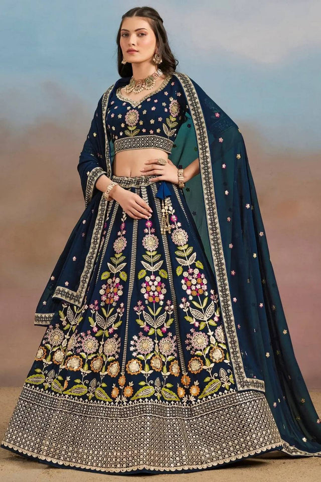 Navy Blue Floral Embroidered Georgette Lehenga