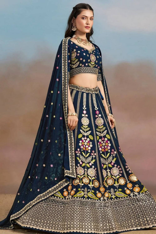Navy Blue Floral Embroidered Georgette Lehenga