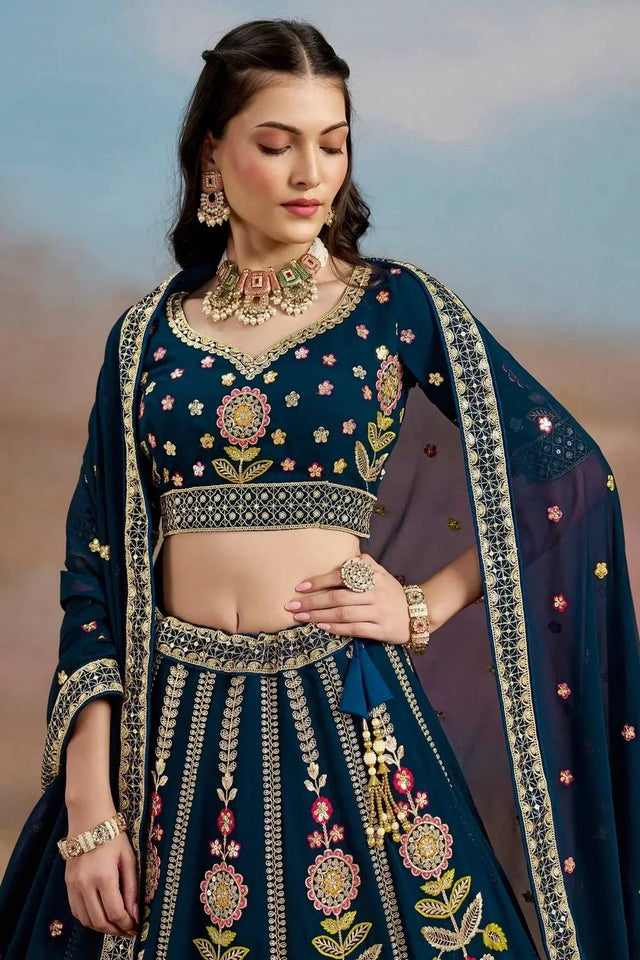 Navy Blue Floral Embroidered Georgette Lehenga