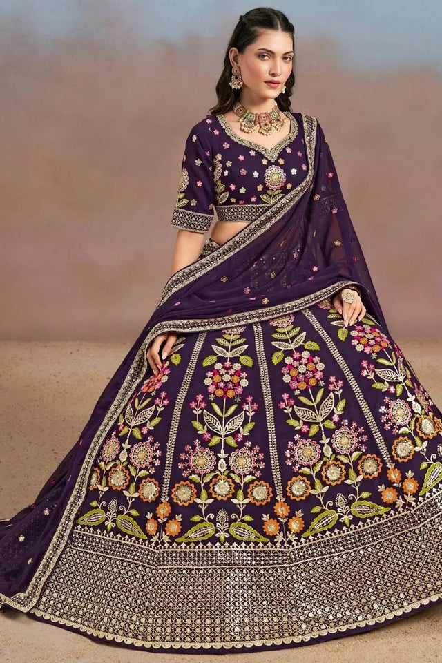 Violet Floral Embroidered Georgette Lehenga