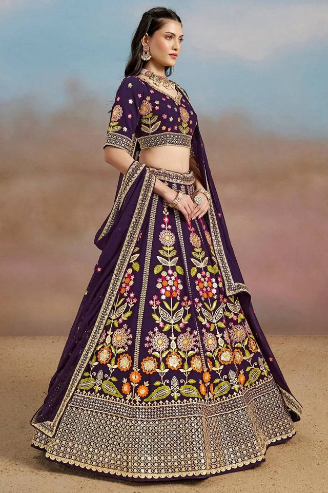 Violet Floral Embroidered Georgette Lehenga