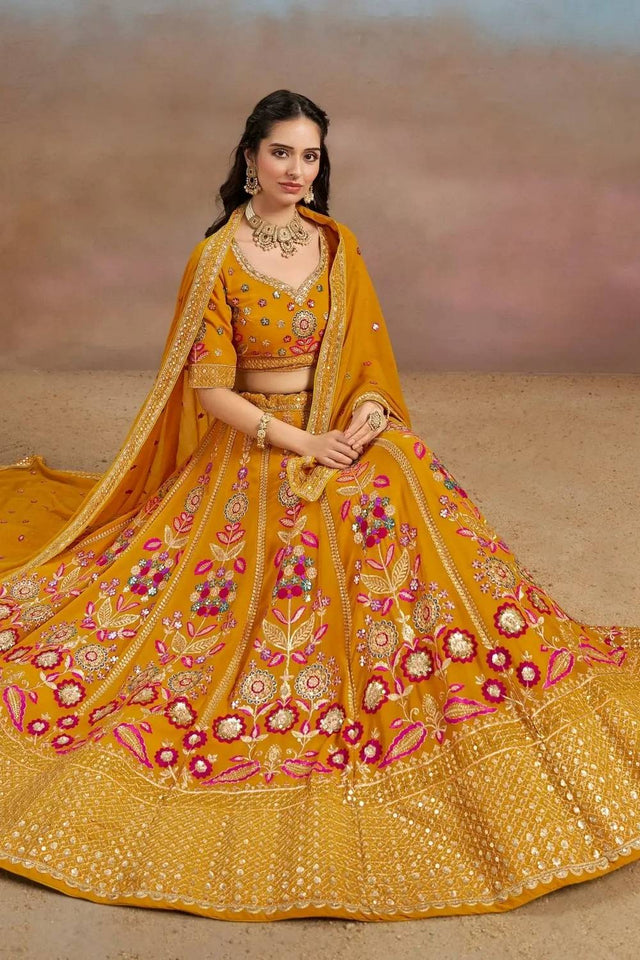Yellow Floral Embroidered Georgette Lehenga
