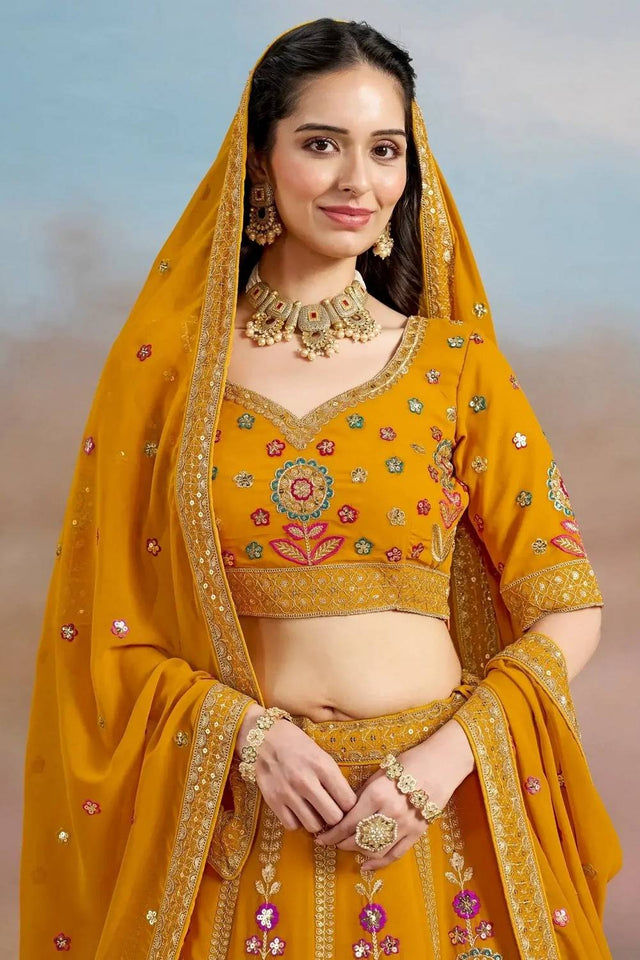 Yellow Floral Embroidered Georgette Lehenga