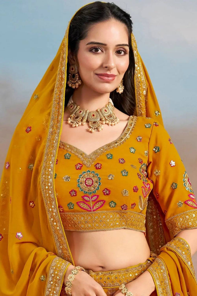 Yellow Floral Embroidered Georgette Lehenga