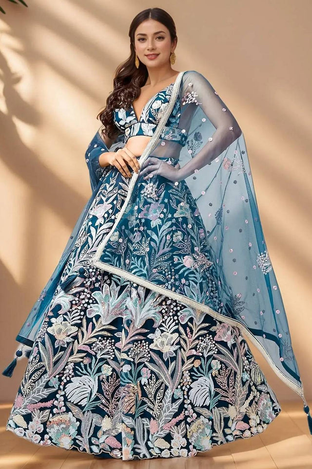 Blue Sequin With Embroidered Net Lehenga