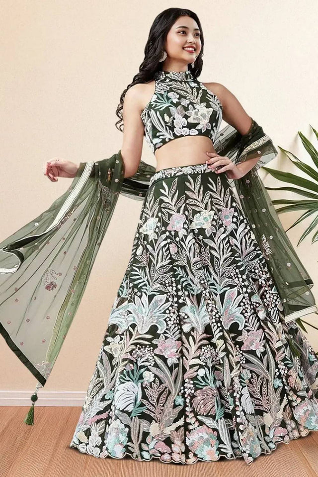 Green Sequin With Embroidered Net Lehenga