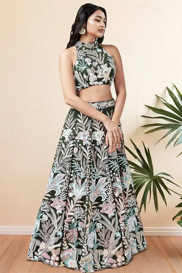Green Sequin With Embroidered Net Lehenga