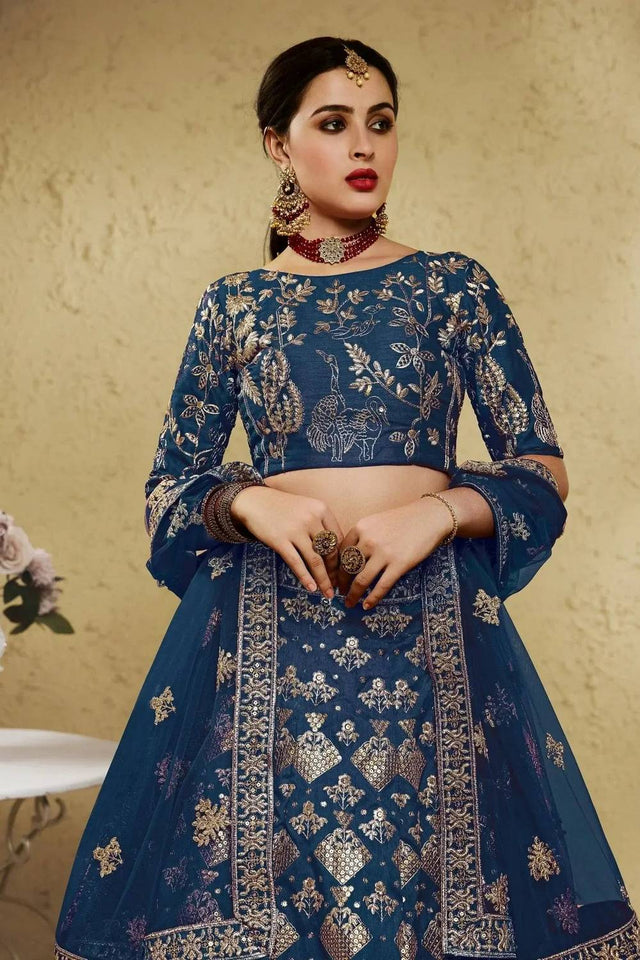 Blue Sequin With Embroidered Silk Lehenga