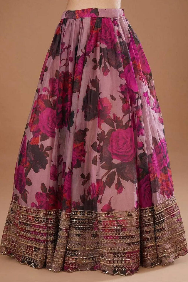 Pink Floral Printed With Zari Work Organza Lehenga