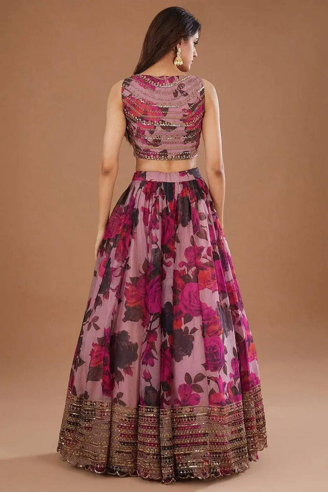 Pink Floral Printed With Zari Work Organza Lehenga