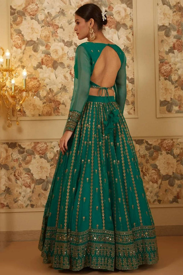 Green Floral Embroidered Organza Lehenga