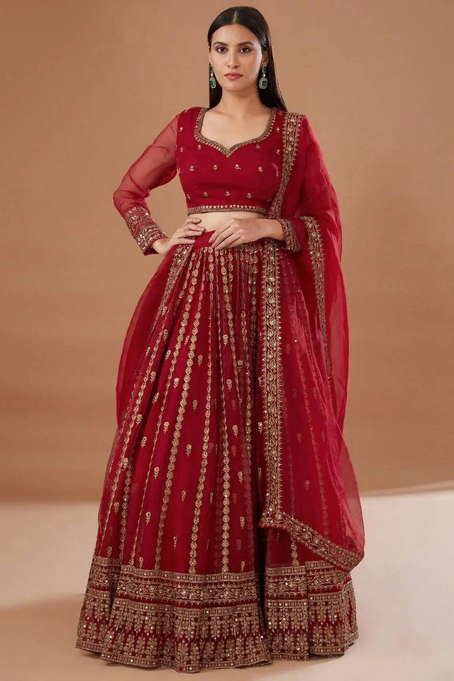 Red Floral Embroidered Organza Lehenga