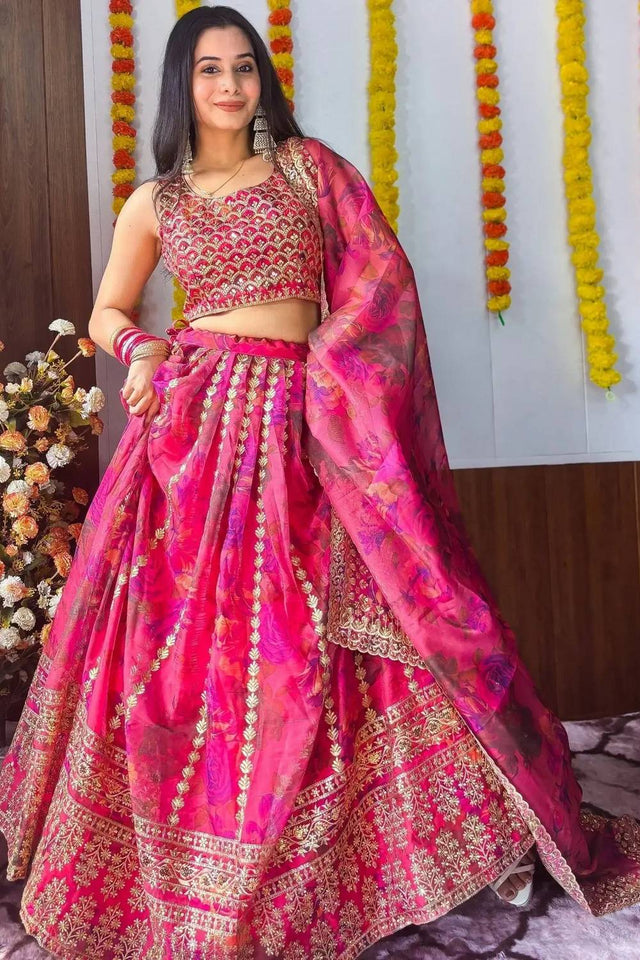 Pink Floral Printed Organza Lehenga