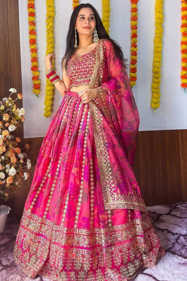 Pink Floral Printed Organza Lehenga
