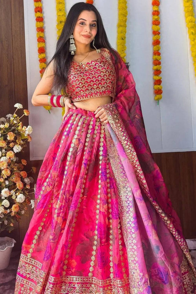 Pink Floral Printed Organza Lehenga