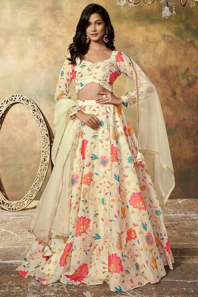 Beige Floral Printed Organza Lehenga