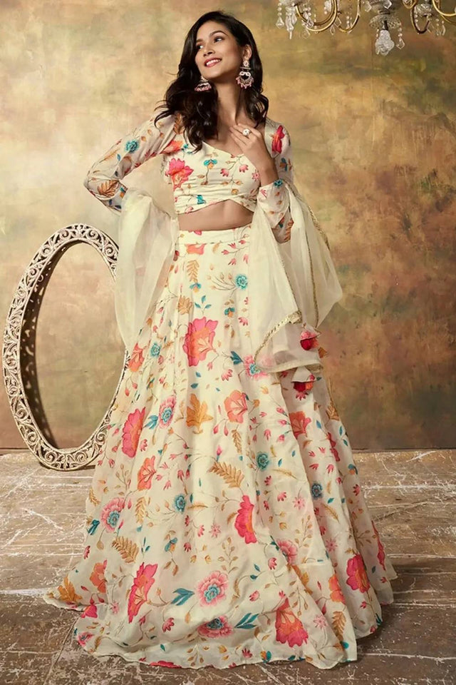 Beige Floral Printed Organza Lehenga