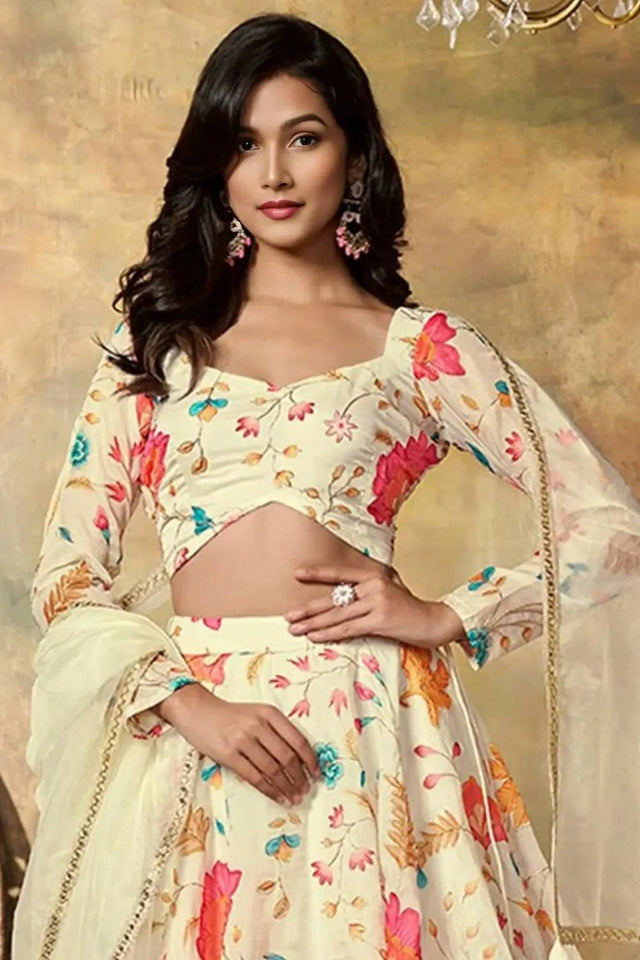 Beige Floral Printed Organza Lehenga