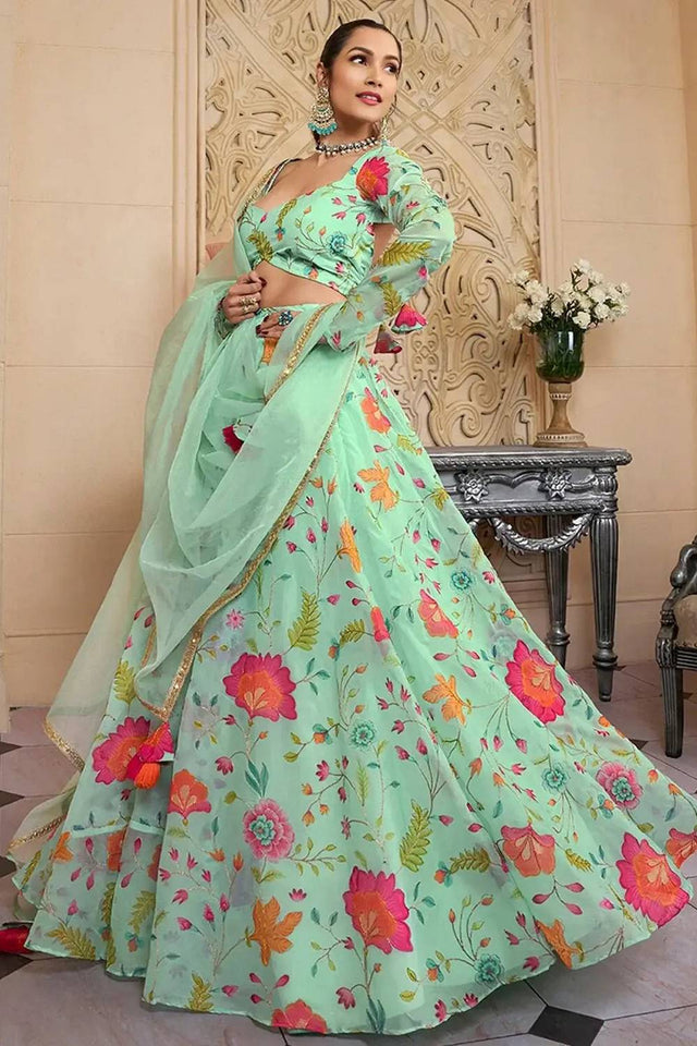 Green Floral Printed Organza Lehenga