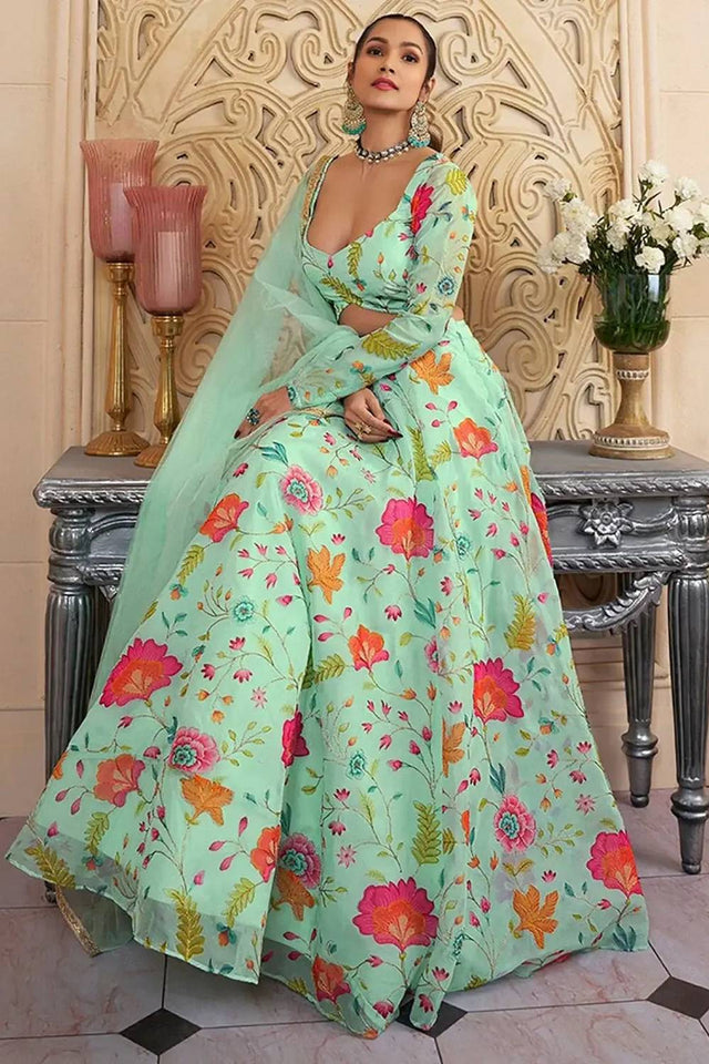Green Floral Printed Organza Lehenga