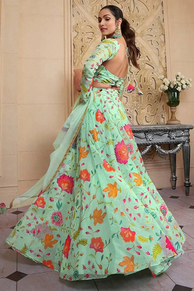 Green Floral Printed Organza Lehenga