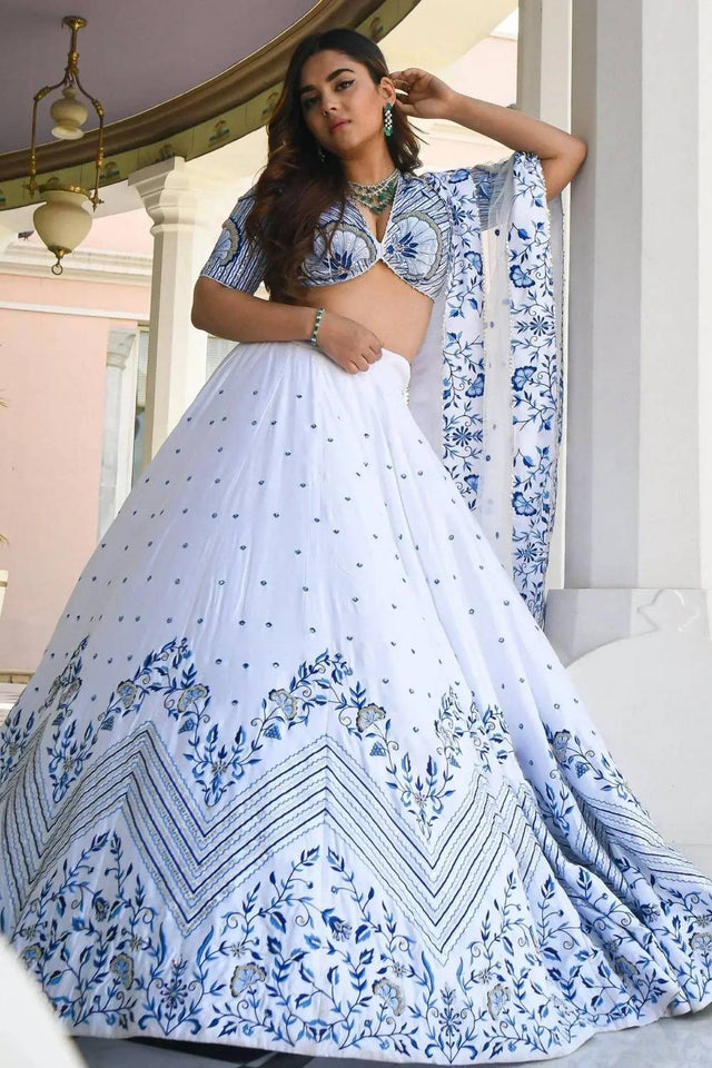 White Floral Printed Net Lehenga