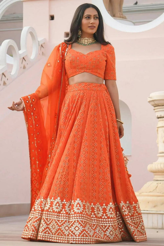 Orange Floral Embroidered Georgette Lehenga