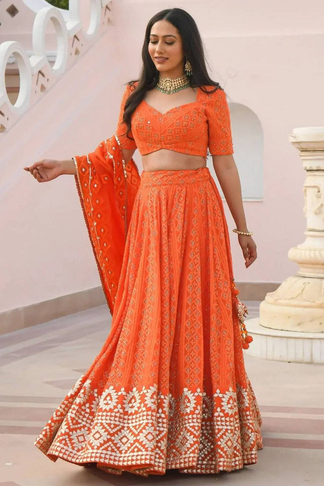 Orange Floral Embroidered Georgette Lehenga