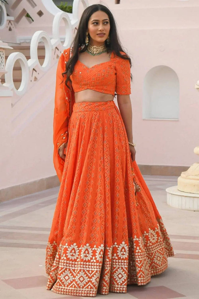 Orange Floral Embroidered Georgette Lehenga