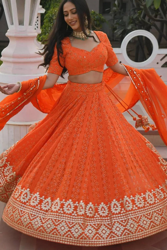 Orange Floral Embroidered Georgette Lehenga