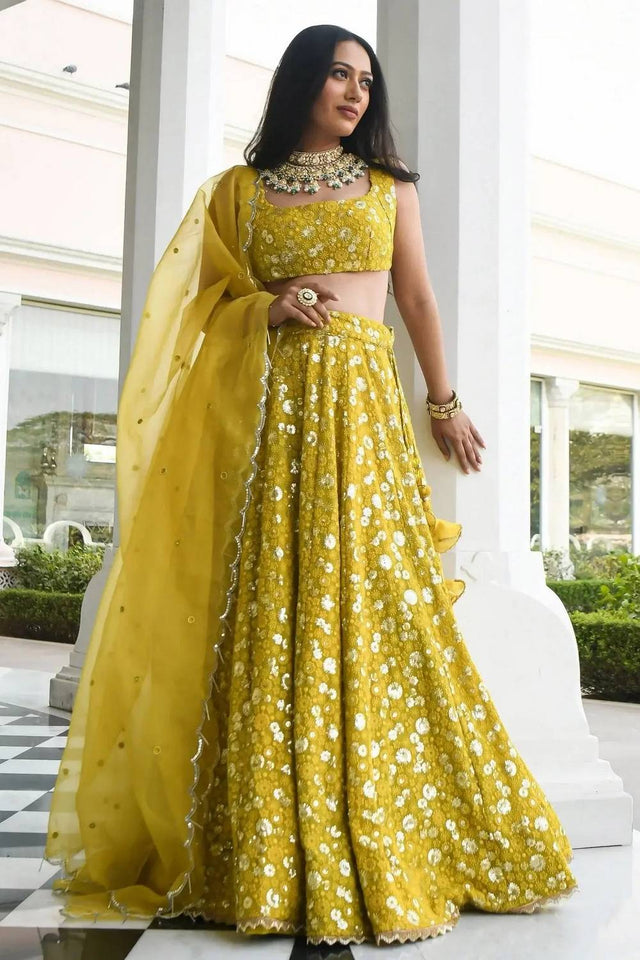 Yellow Floral Embroidered Georgette Lehenga