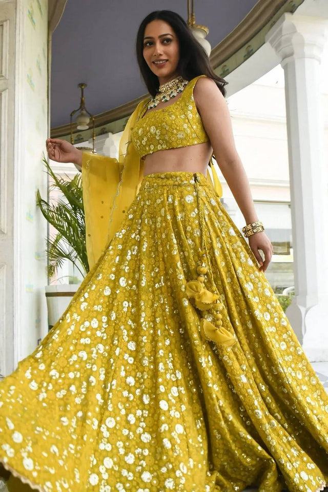 Yellow Floral Embroidered Georgette Lehenga