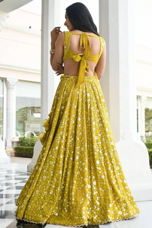 Yellow Floral Embroidered Georgette Lehenga