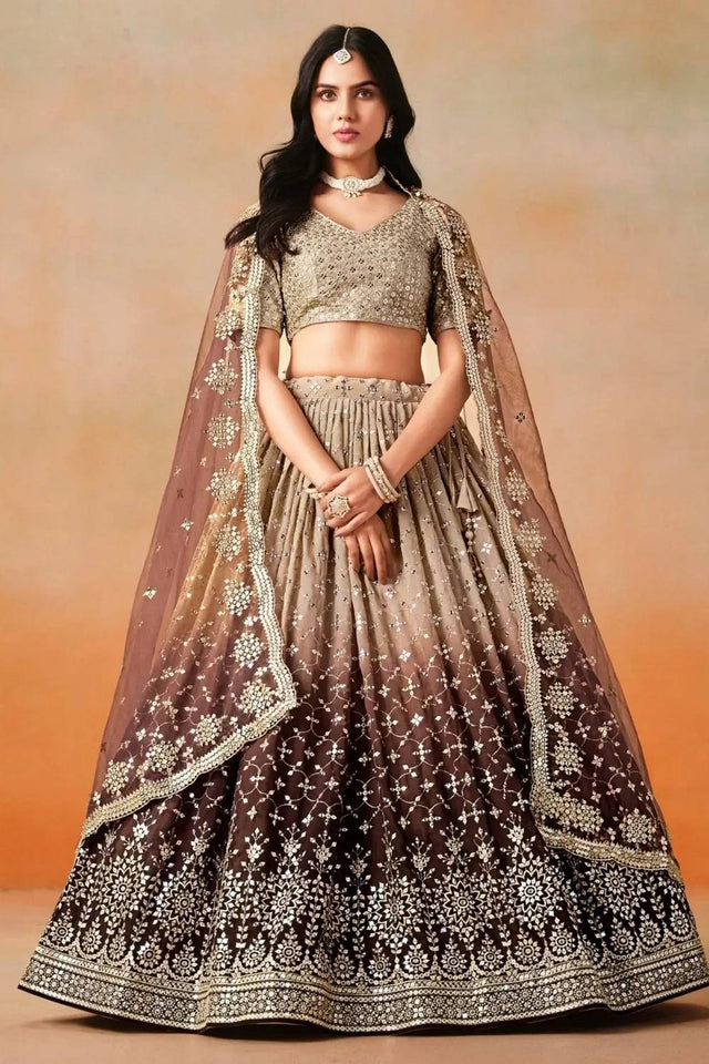 Brown Sequin Georgette Lehenga