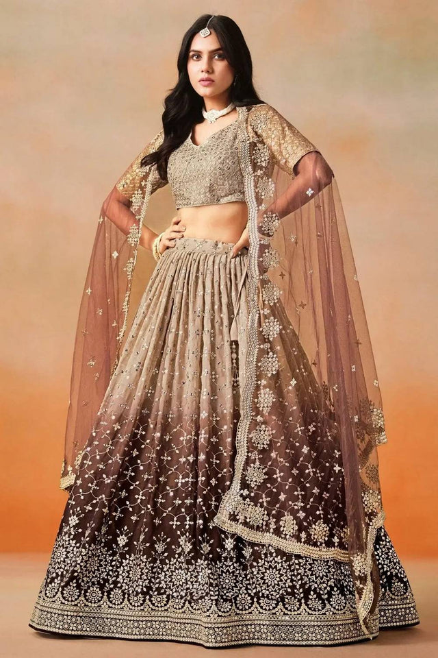 Brown Sequin Georgette Lehenga