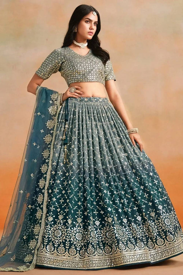 Blue Sequin Georgette Lehenga