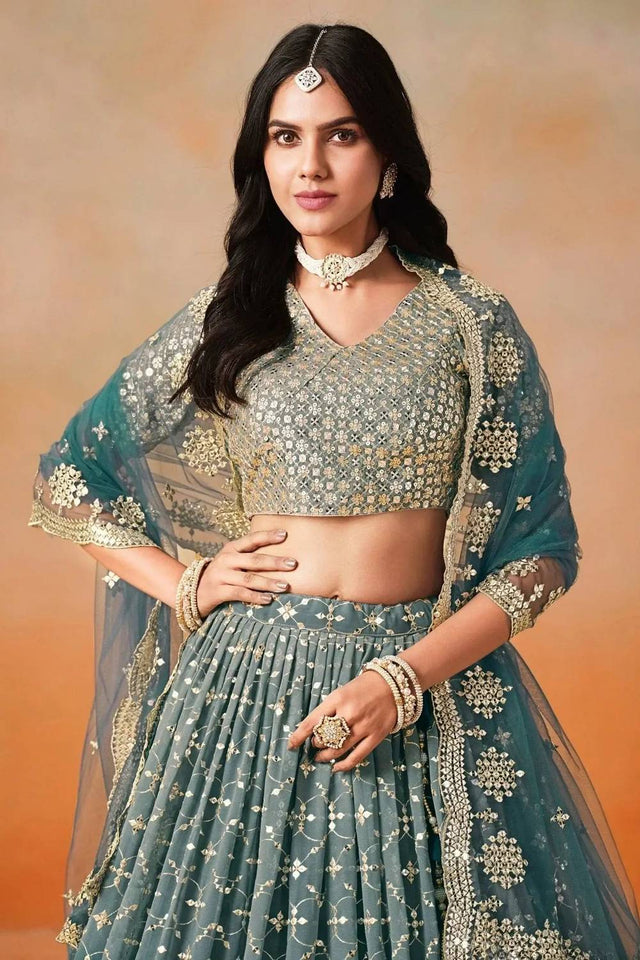 Blue Sequin Georgette Lehenga