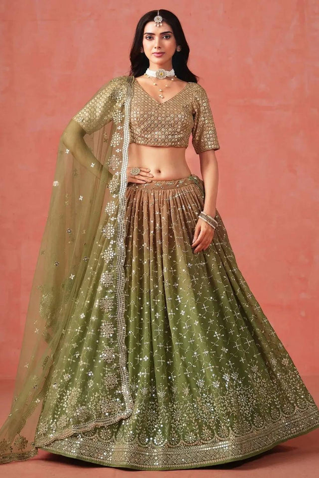 Green Sequin Georgette Lehenga